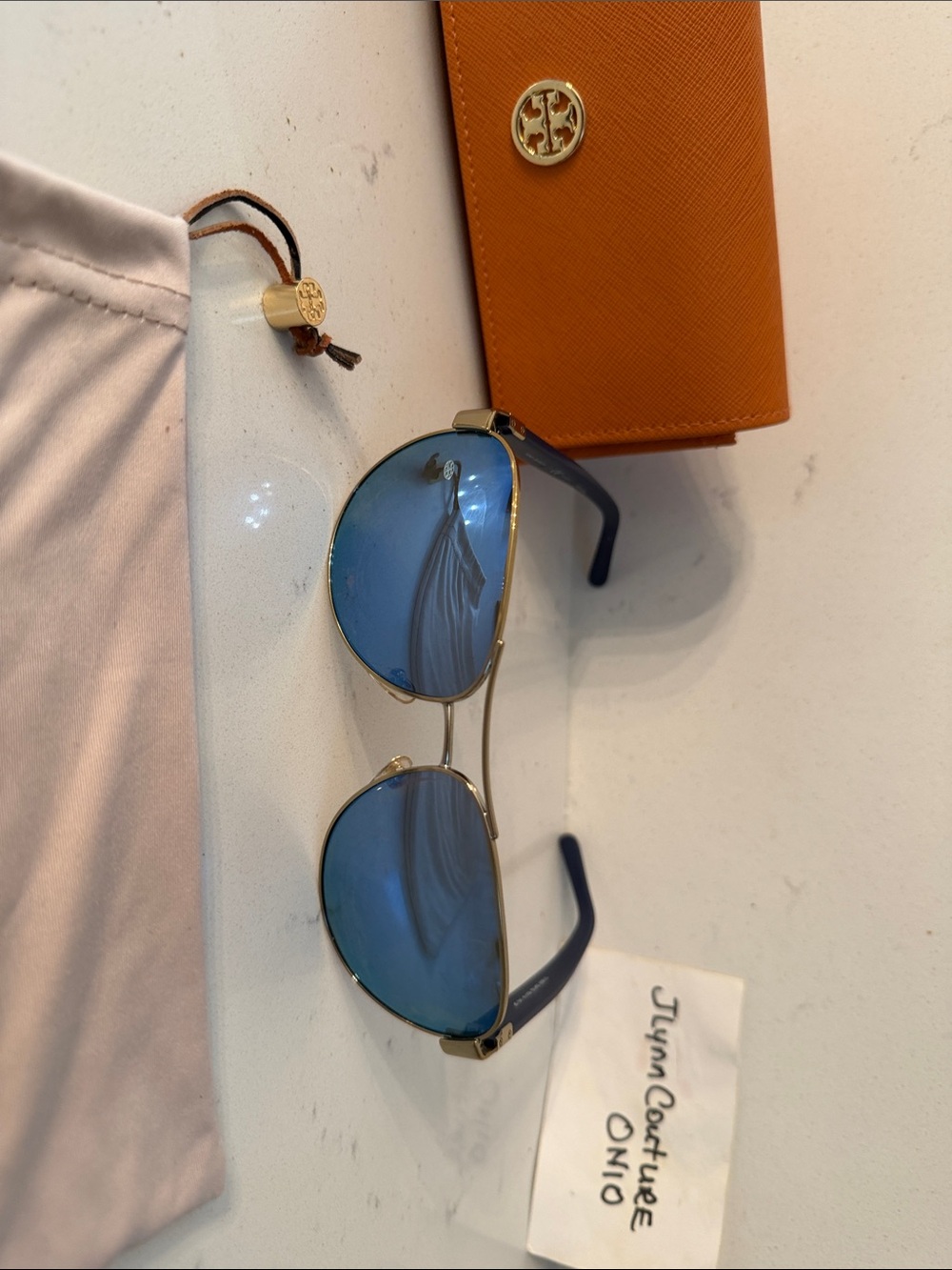 Tory Burch Gold Frame Sunglasses with Blue Lenses
